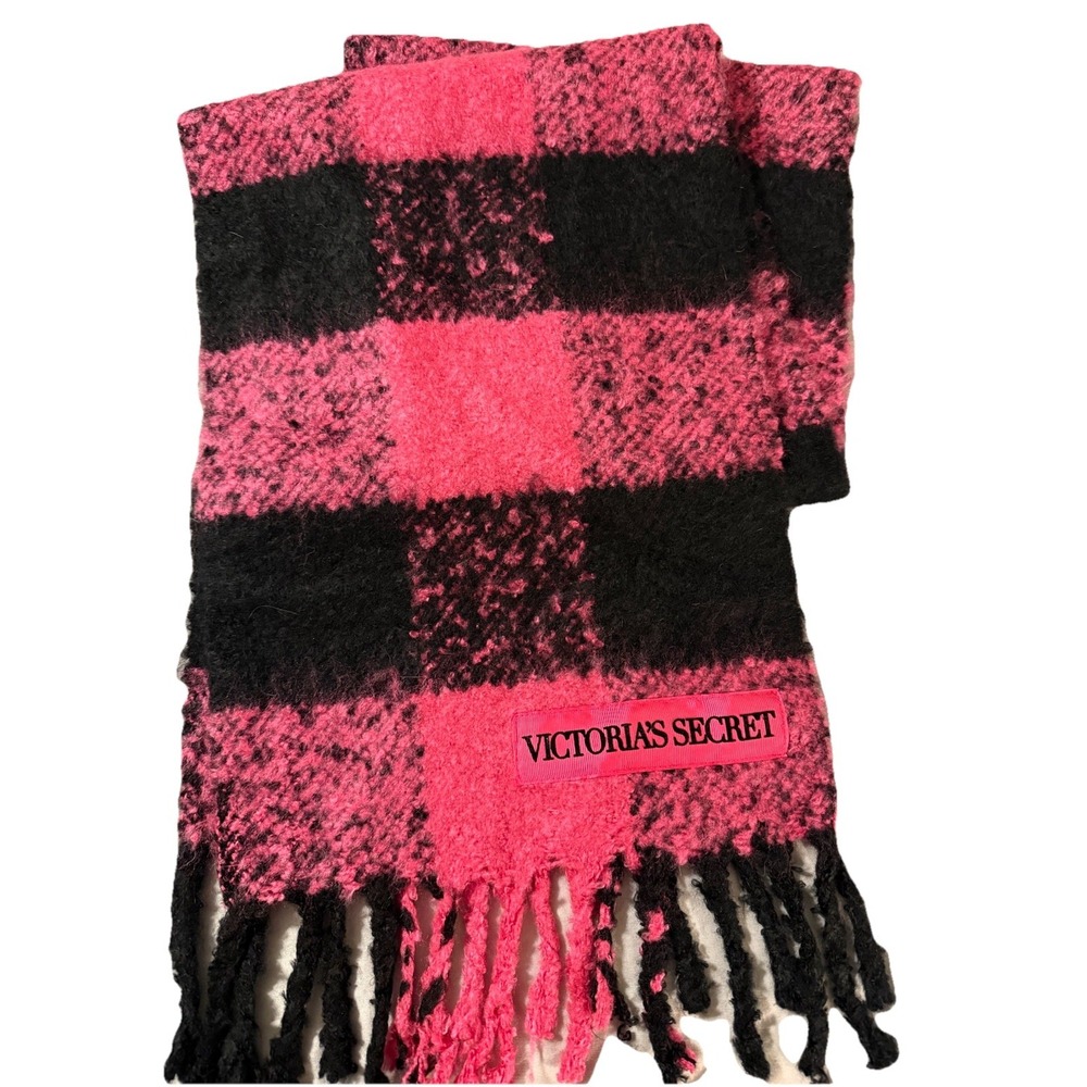 Victoria's Secret Plush Winter Angel Scarf Pink Black Buffalo Check Fringe Ski